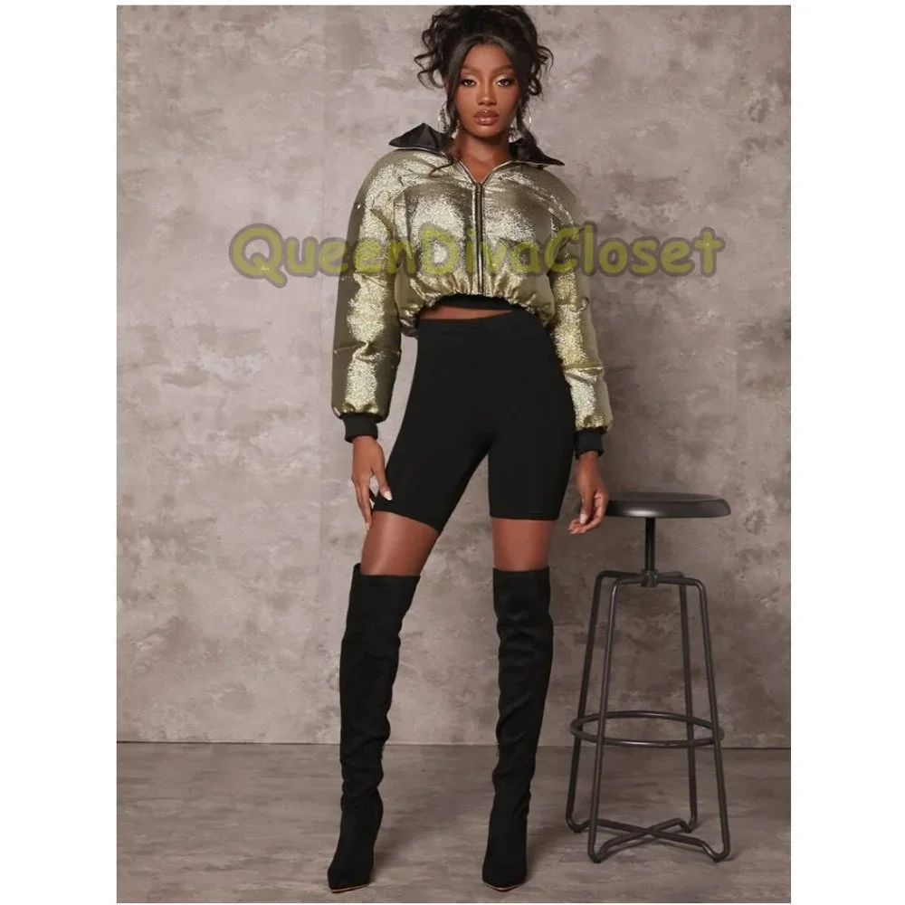 New BAE Metallic Gold Panel Zipper Up Crop Puff Puffer Coat Jacket L 8/10 - Picture 4 of 6
